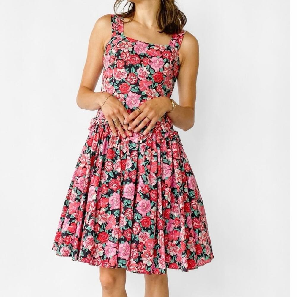 1980s Laura Ashley Vintage Pink & Black Floral Party Bow Dress